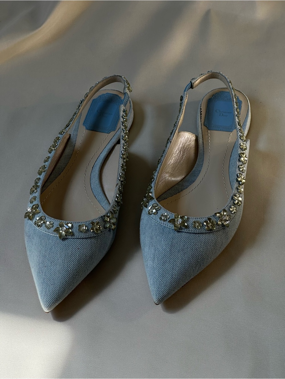 Dior Light Blue Jeweled Pointed Slingback Mules Size40